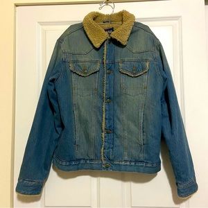 Fossil Mens Medium Blue Jean Jacket Sherpa Faux Fur Lined Ex-Boyfriend Trucker